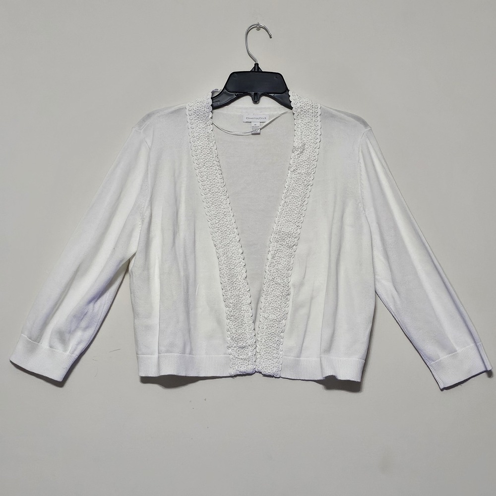 Charter Women Sweater Jacket XL White Cotton Blend Open Front Crochet‎ Trim 526